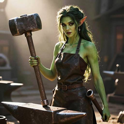 Digital art: Strong, green-skinned elf woman with long, wavy hair, wearing a brown leather apron, holding a large, rusty hammer