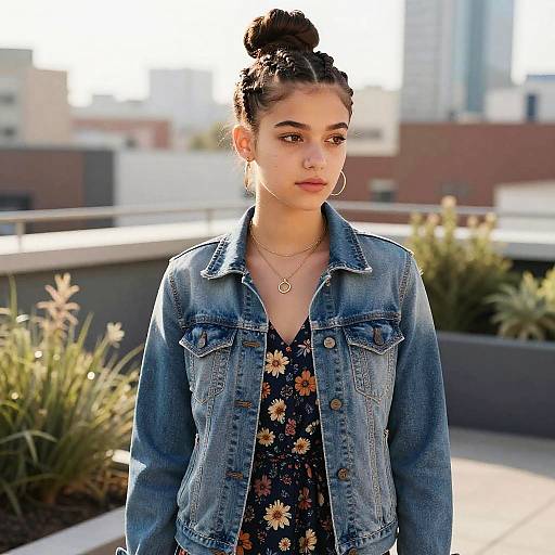 Photograph of a young woman with dark hair in a bun, wearing a denim jacket over a floral dress, standing on a rooftop with city buildings in