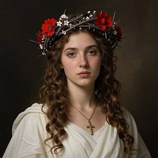 Photograph of a young woman with curly brown hair, wearing a white draped robe, red and white flower crown, and gold cross necklace, against a