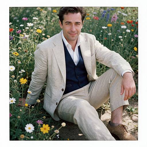 Photograph of a smiling, dark-haired man in a cream suit, white shirt, and brown shoes, sitting amidst colorful wildflowers.