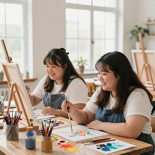 Photograph of two Asian women with black hair, wearing white shirts and blue aprons, painting at a bright, sunlit table.