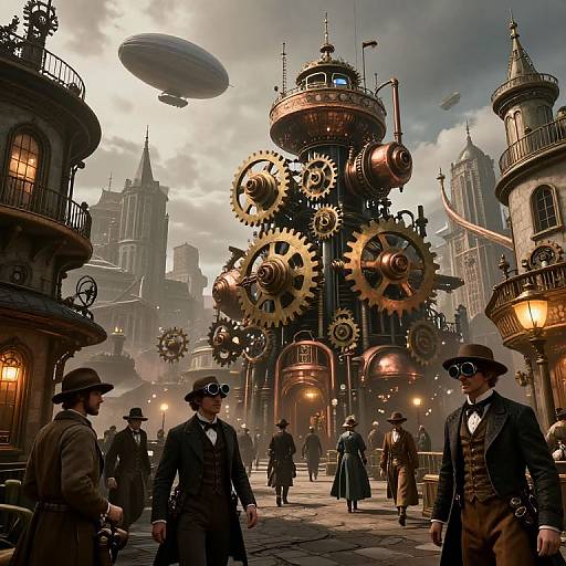 Steampunk cityscape with floating airships, giant gears, and Victorian-era police officers conversing in front of a grand, clockwork building.