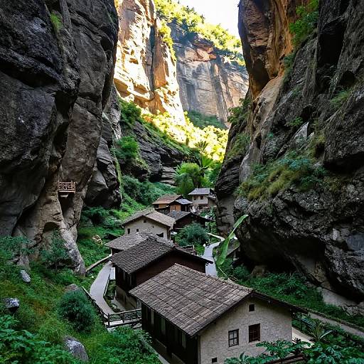 Photograph of a narrow canyon with sunlight streaming through, surrounded by towering rocky cliffs, and traditional stone houses with tiled roofs nestled among lush greenery.