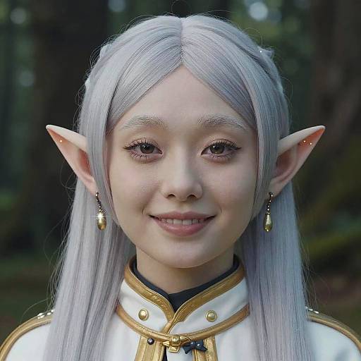 Photograph of a young Asian woman with long silver hair, elf-like ears, and a white and gold fantasy costume, smiling in a forest.