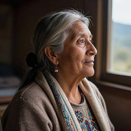 Photograph of an elderly Hispanic woman with gray hair, wearing a brown cardigan, colorful embroidered top, and earrings, gazing out a window,