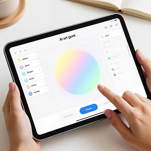 Photograph of hands holding a tablet displaying an app search screen with 