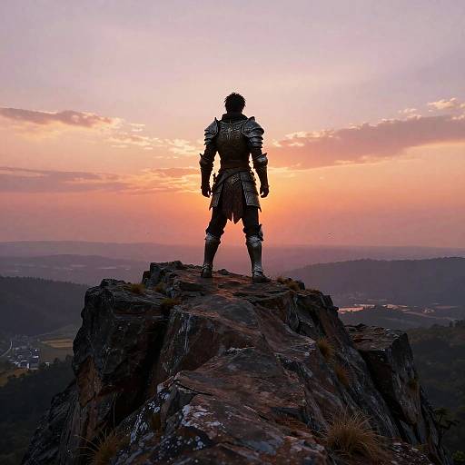Silhouetted warrior in medieval armor stands on rocky peak at sunset, overlooking vast, hazy landscape with pink and orange sky. Photograph.