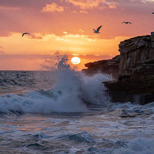 Dramatic Sunset Surf on Rugged Cliffs