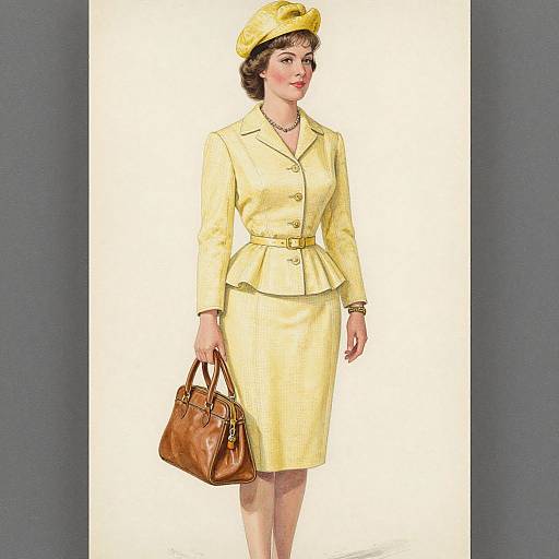 Vintage-style digital illustration of a woman in a yellow 1950s-inspired suit, hat, and brown handbag, standing against a plain white background