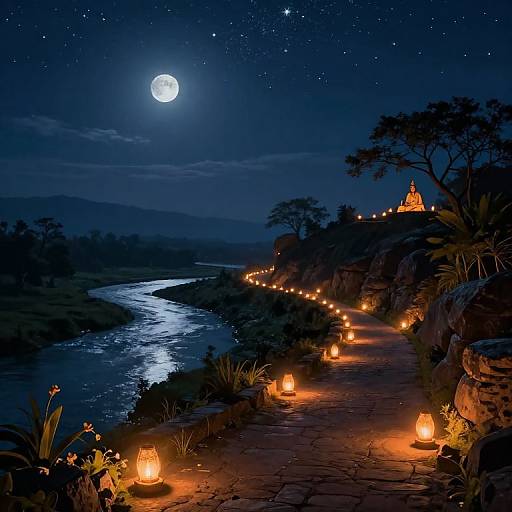 Moonlit night scene of a lit path by a river, leading to a glowing temple, with lanterns and stars overhead.