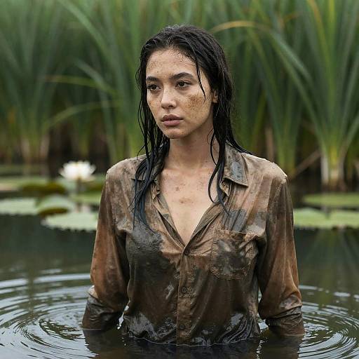 Muddy Woman in Serene Pond Setting