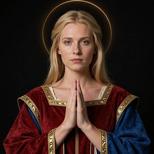 Photograph of a blonde woman with fair skin, blue eyes, and a halo, praying with hands together in a red and blue velvet robe with gold