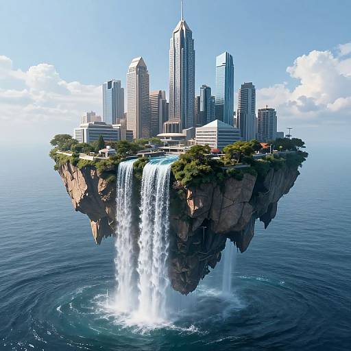 Photorealistic CGI of a floating city with tall skyscrapers, lush greenery, and a large waterfall cascading into the ocean below.