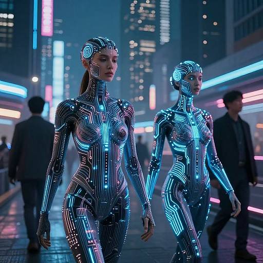 Photorealistic CGI of two cybernetic women with glowing blue circuitry on their bodies walking in a neon-lit, futuristic city street at night