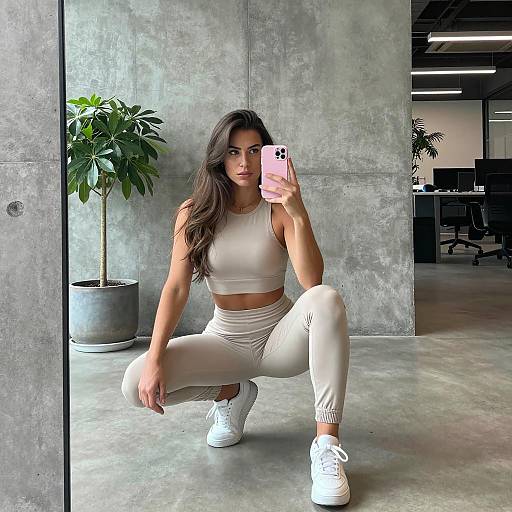 Woman Taking Mirror Selfie in Beige Activewear