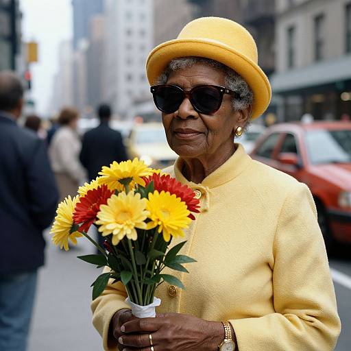 Photograph of an elderly African-American woman in a yellow hat and coat, wearing sunglasses, holding a bouquet of yellow and red flowers, standing on a