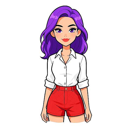 Digital anime-style drawing of a smiling woman with purple hair, wearing a white button-up shirt and red high-waisted shorts.