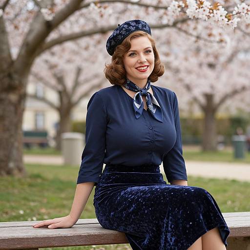 Photograph of a smiling, fair-skinned woman with vintage-style wavy brown hair, wearing a navy blue dress and matching hat, sitting on a