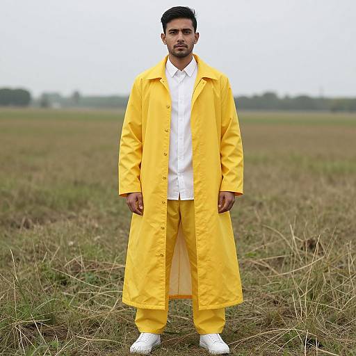 Photograph of a bearded man with dark skin wearing a bright yellow long coat, white shirt, and white pants, standing in a grassy field