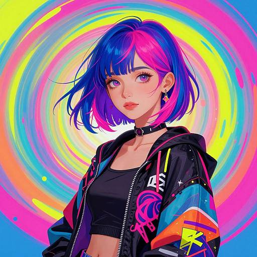 Digital anime-style portrait of a young woman with blue and pink hair, wearing a black choker and jacket, against a vibrant, colorful spiral background.