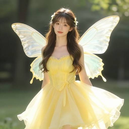 Photograph of an Asian woman with long brown hair, wearing a glowing yellow fairy dress and illuminated wings, standing in a sunlit garden.