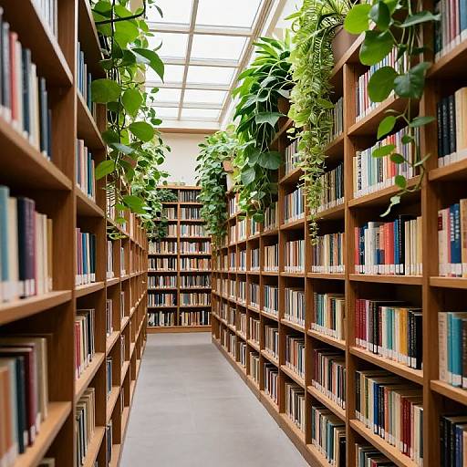 Photograph of a bright, narrow library aisle with wooden bookshelves on both sides, filled with colorful books, and overhead green plants hanging from the
