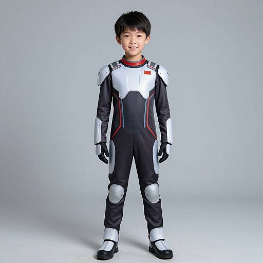 Photograph of a young Asian boy with black hair, smiling, wearing a black and white futuristic spacesuit with red accents and knee pads, standing against