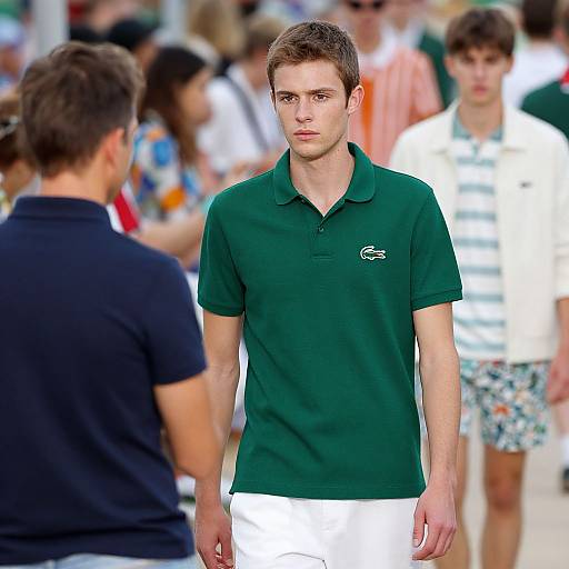 Photograph of a young, fair-skinned male with short brown hair, wearing a green Lacoste polo and white shorts, standing in a crowded outdoor