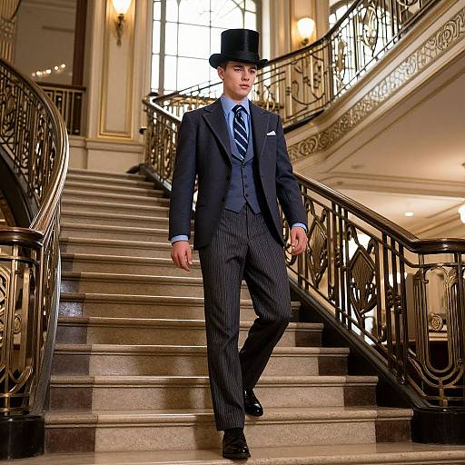 Young Man in Gatsby Suit on Art Deco Staircase