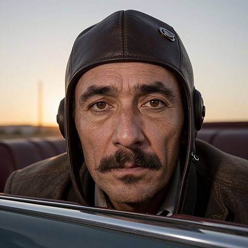 Close-up photograph of a middle-aged man with a thick mustache, wearing a black leather helmet, looking ahead while driving a classic car at sunset.