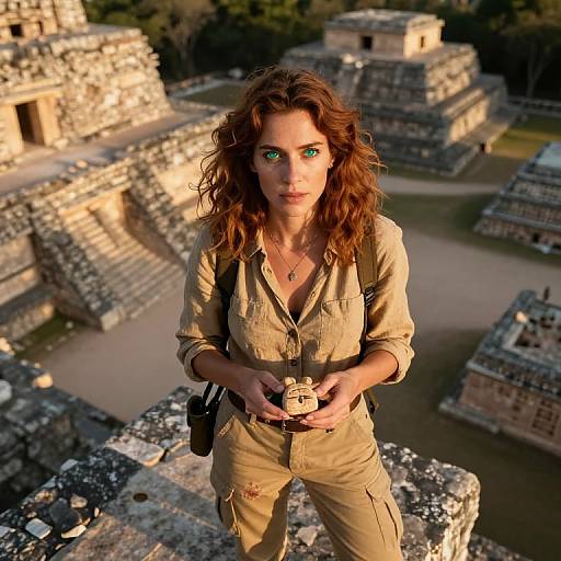 Photograph of a woman with green eyes, curly brown hair, wearing a beige button-up shirt and pants, standing amidst ancient Mayan ruins, holding