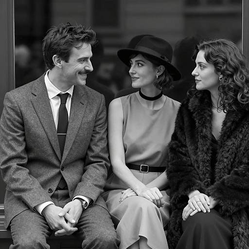 Black and White Portrait of Three People Sitting