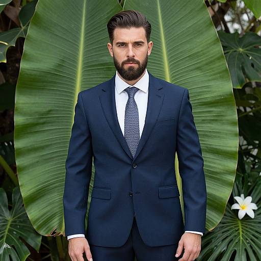 Photograph of a bearded man in a dark blue suit with a white shirt and patterned tie, standing in front of a large green leafy