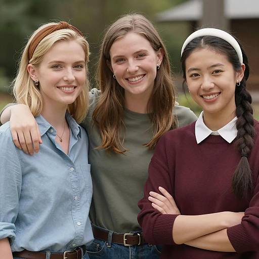 Three Friends Smiling in Outdoor Setting