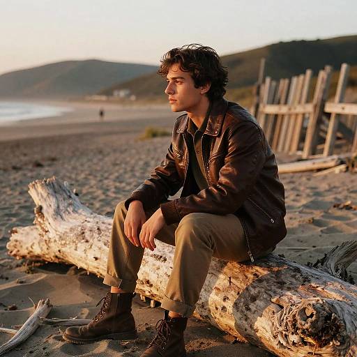Photograph of a young man with curly dark hair, wearing a brown leather jacket, beige pants, and black boots, sitting on a driftwood log