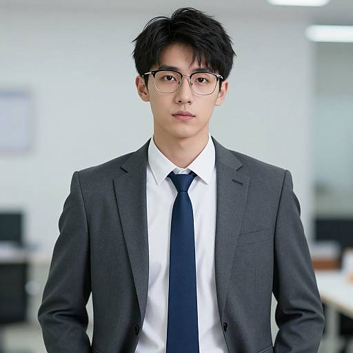 Photograph of an East Asian man with black hair, wearing a gray suit, white shirt, and black tie, with glasses, standing in a modern