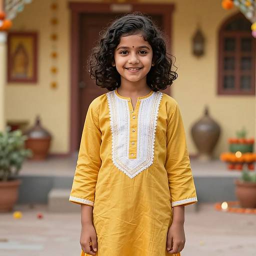 Photograph of a smiling young girl with curly black hair, wearing a yellow kurta with white embroidery, standing in front of a yellow house with p