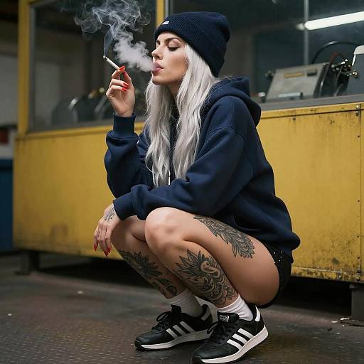 Tattooed Woman in Industrial Setting