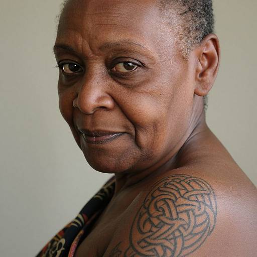 Close-up photograph of a middle-aged African woman with dark skin, short braided hair, and a Celtic-style tattoo on her right shoulder, smiling softly