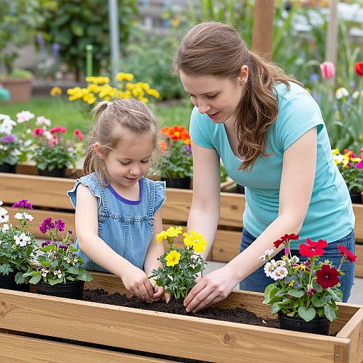 Photograph of a brown-haired woman in a blue shirt and a young girl with pigtails planting colorful flowers in wooden garden boxes.
