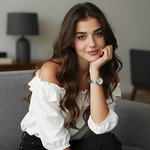 Photograph of a young woman with long dark brown hair, wearing a white off-shoulder blouse and black pants, smiling gently while resting her chin