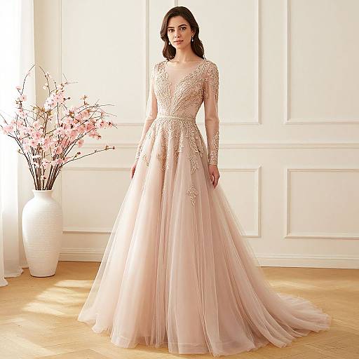 Photograph of a brunette woman in a floor-length, pale pink, lace-embellished, long-sleeve wedding gown, standing in a