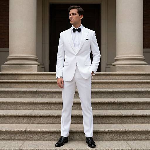 Photograph of a tall, handsome man in a sharp white tuxedo with black bow tie, standing on stone steps in front of classical columns.