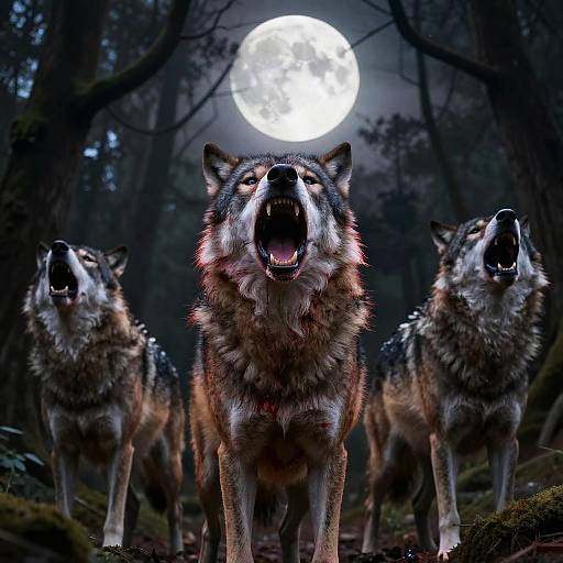 Photograph of three howling wolves in a dark, moonlit forest with a bright full moon in the background. Wolves' fur detailed, mouths open