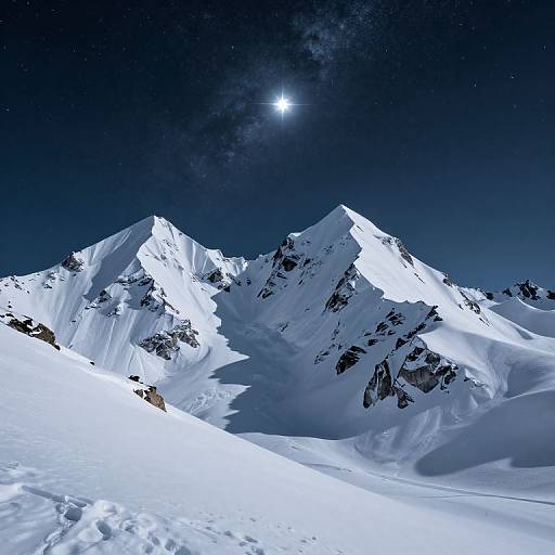 Photograph of a moonlit, snow-covered mountain range with jagged peaks under a dark, starry night sky. Bright moonlight illuminates the