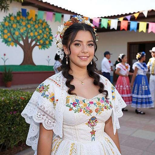 Photograph of a smiling Latina woman with dark hair in braids, wearing a white floral embroidered dress and flower crown, at a festive outdoor celebration with