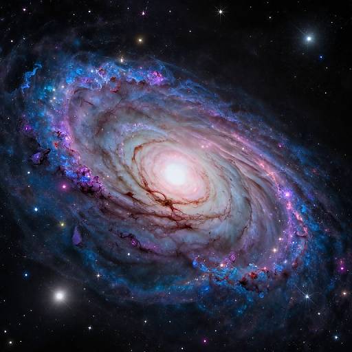 Photograph of a vibrant spiral galaxy with a bright central core, surrounded by swirling blue, purple, and pink nebulae, set against a star