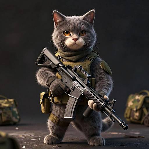 Digital artwork of a serious-looking, gray tabby cat wearing military gear and holding a rifle, with a dark background and camouflage bags on either side.