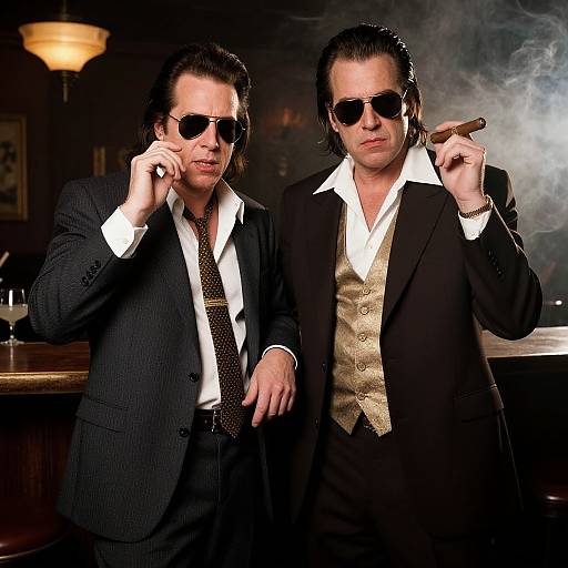 Photograph of two men in suits, sunglasses, and cigars; one holds a cigar to his mouth, the other smokes. Background: dark bar