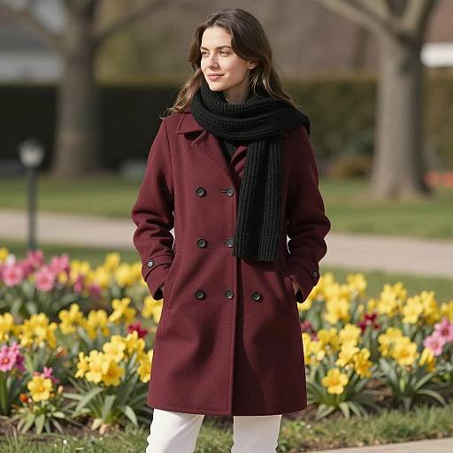 Woman in Maroon Coat Standing in Garden